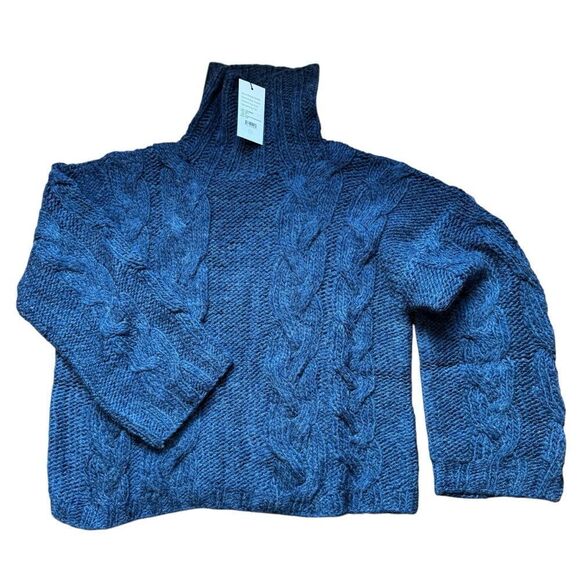 Revolve Something Navy Cableknit Turtleneck Chunky Blue Cable Knit Sweater SZ M - Picture 6 of 10